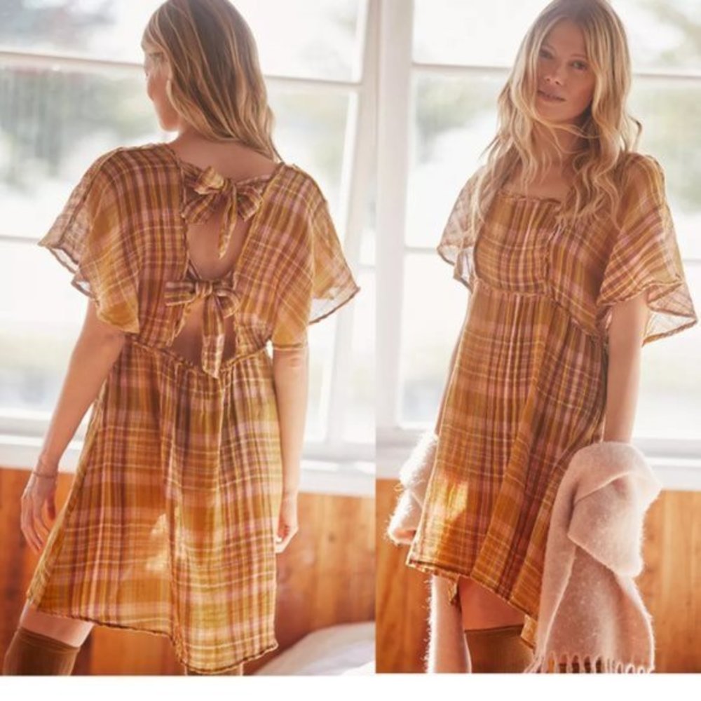 Anthropologie yellow plaid gauzy tunic dress size L NWT